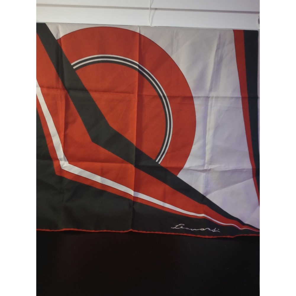 Vintage Leonard Paris Silk Scarf 30" Square Red Black White Geometric Print Hand